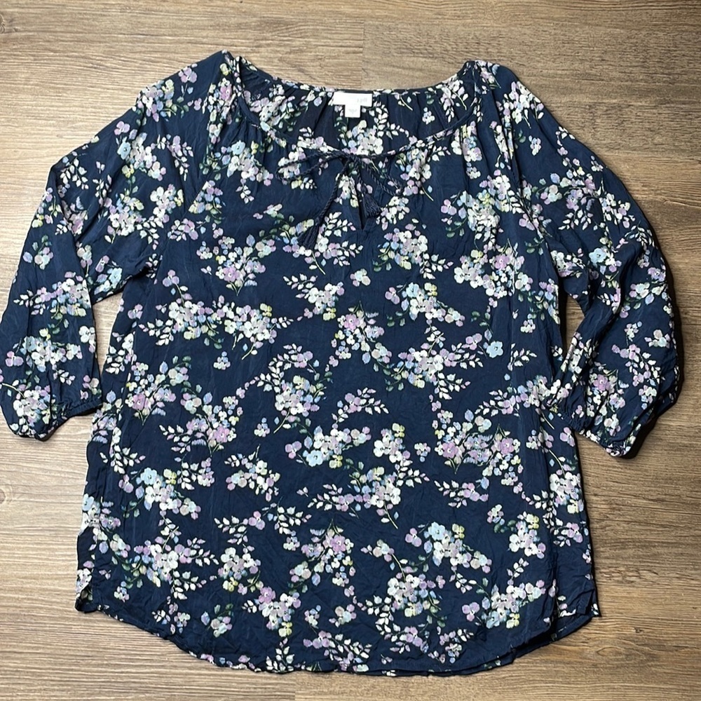 J. Jill Women’s Navy Blue Floral 3/4 Sleeve Blouse, size small